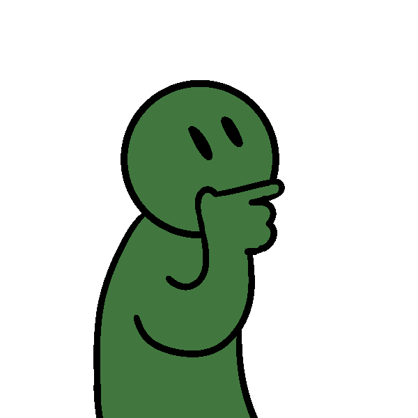  A green person with their chin between their thumb and index finger, looking up. 